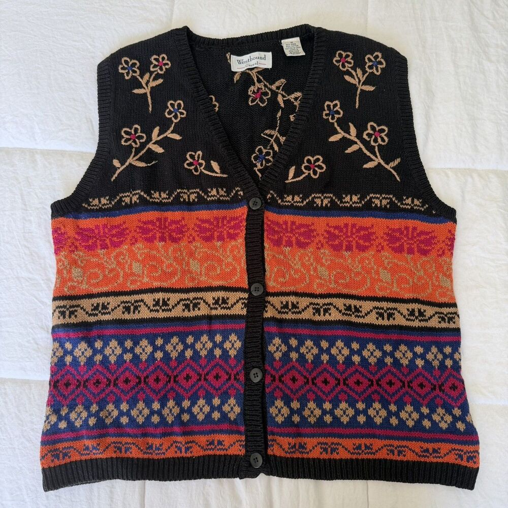 Westbound Casual Vintage Floral Embroidered Fair Isle Knit Sweater Vest Black M
